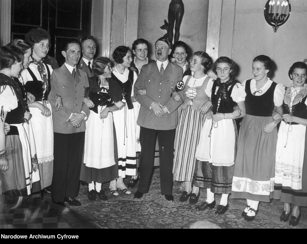 Adolf Hitler and Joseph Goebbels pose with BDM girls on the occasion of Goebbels 40th birthday